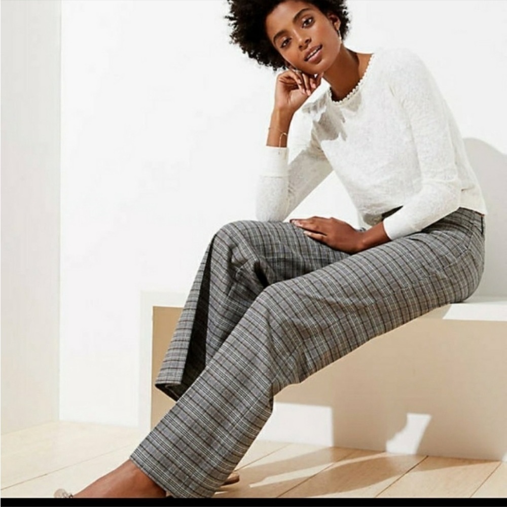 Ann Taylor LOFT Pant Trouser High Rise Straight Flare Plaid Houndstooth Herring